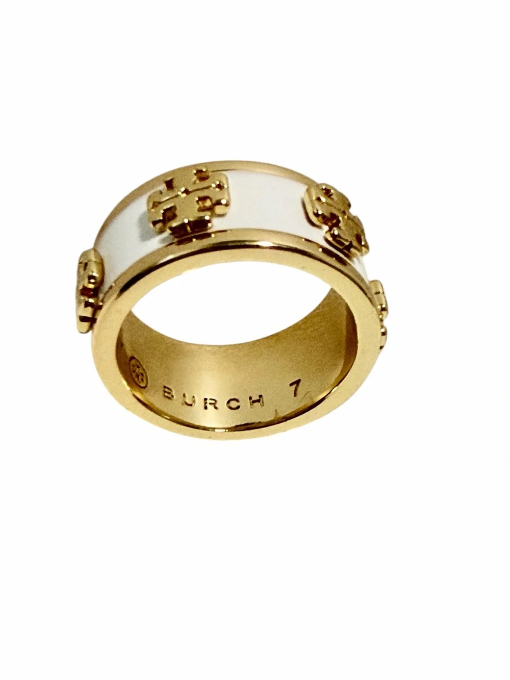 Tory Burch Kira Enamel Raised Logo Ring Gold and White size 7 NWT